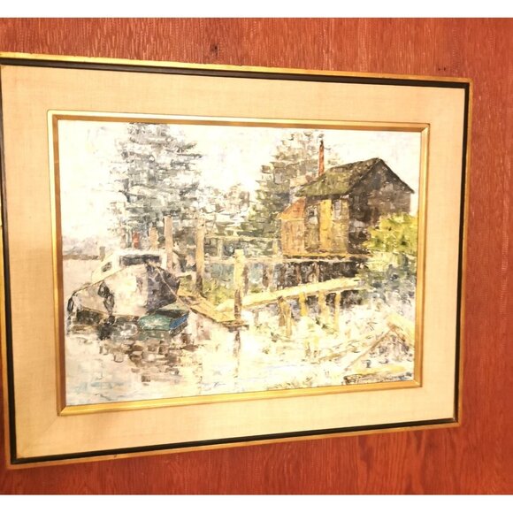 Original Oil Painting Waterfront by Peggy Hill Signed 1974 H 24.25 inch, W 30.25 - Picture 4 of 16